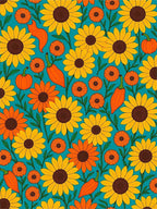 Yellow Orange Sunflowers Teal Botanical Rug