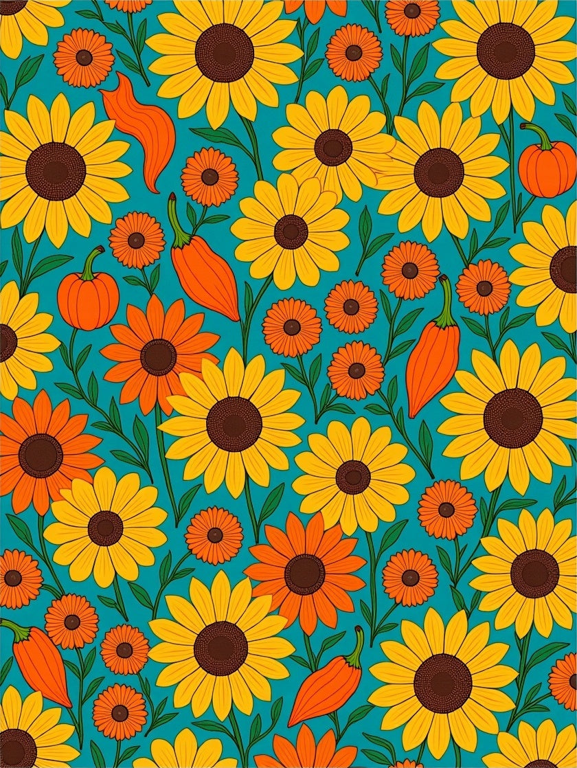 Yellow Orange Sunflowers Teal Botanical Rug