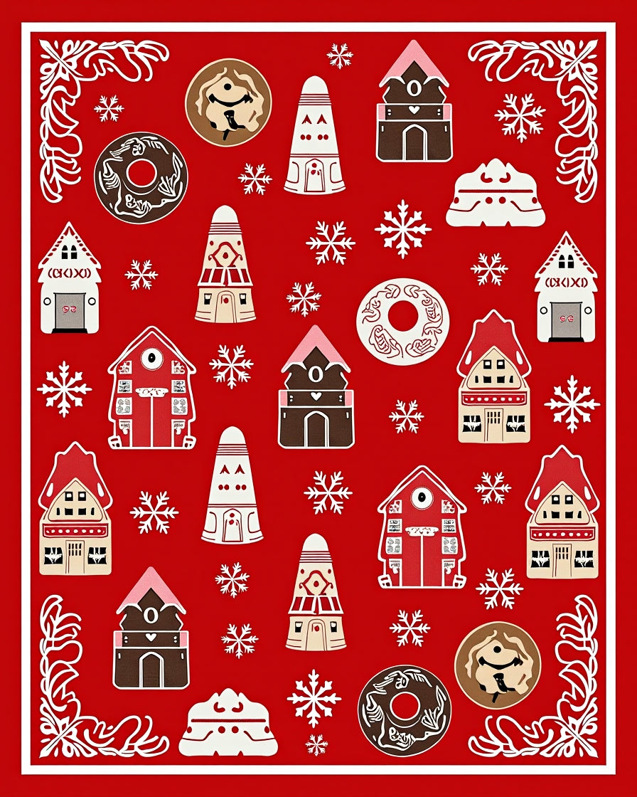 Red Gingerbread Town Snowflakes Rug