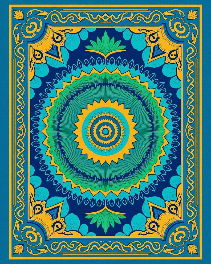 Vibrant Blue Green Sunburst Medallion Rug