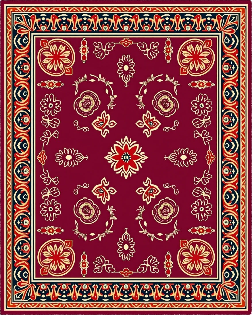 Deep Red Floral Medallion Botanical Rug