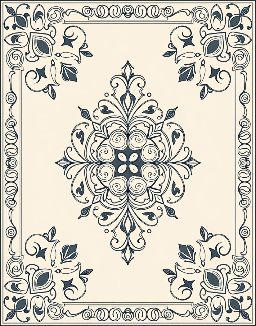 Navy Ivory Ornate Scroll Medallion Rug