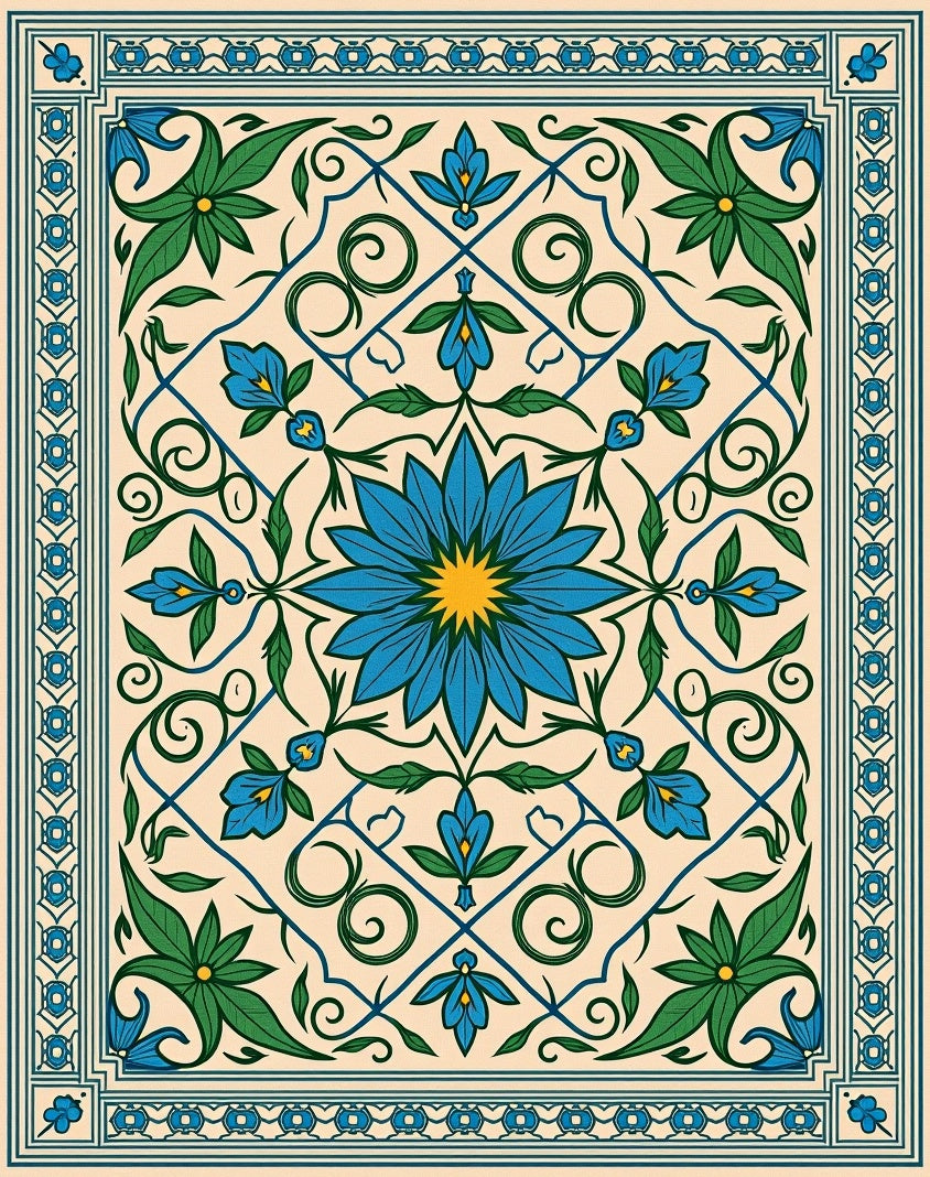 Cerulean Blue Floral Garden Border Rug