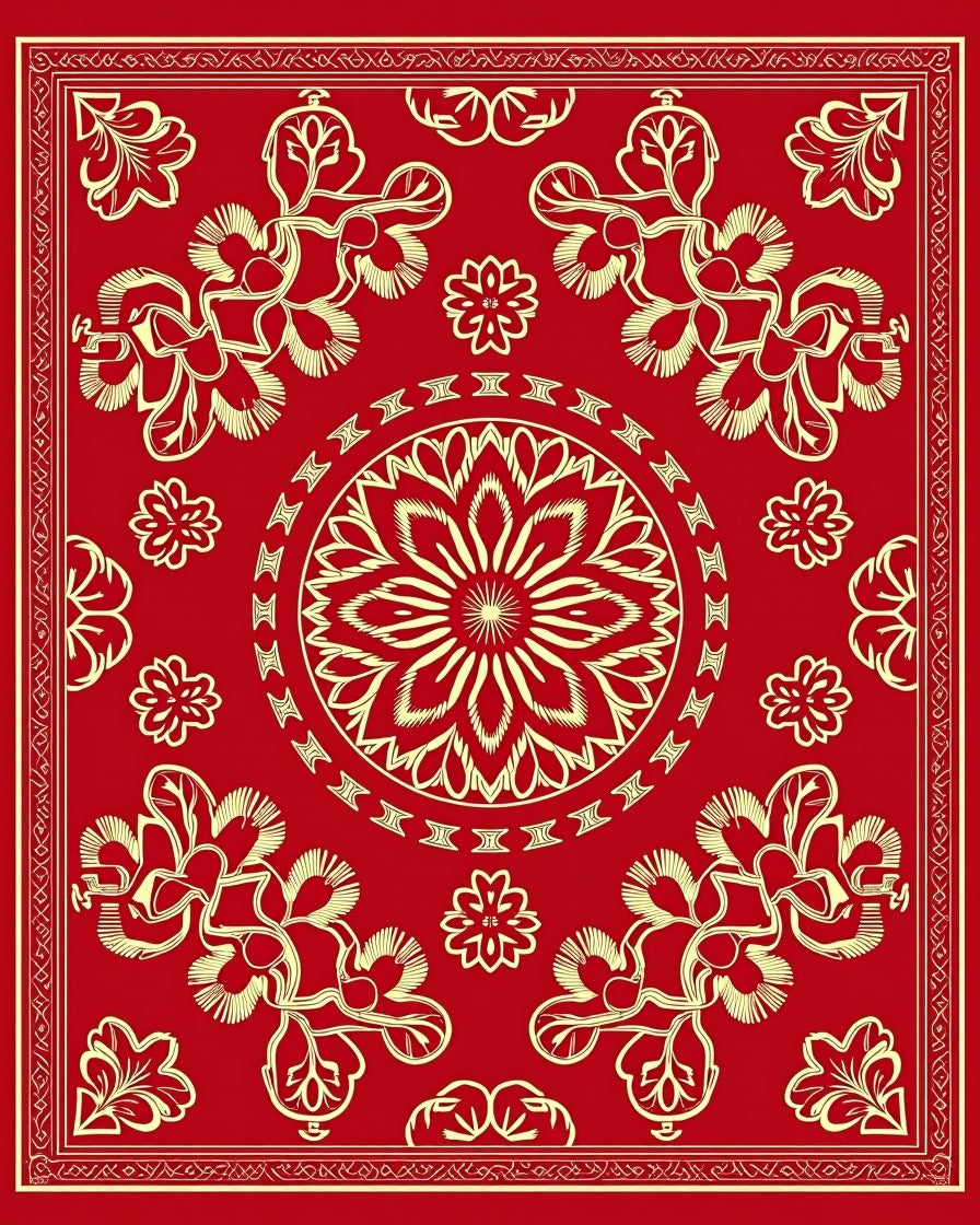 Crimson Golden Floral Mandala Medallion Rug