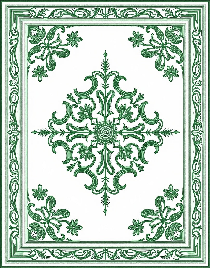 Elegant Green Floral Medallion Border Rug