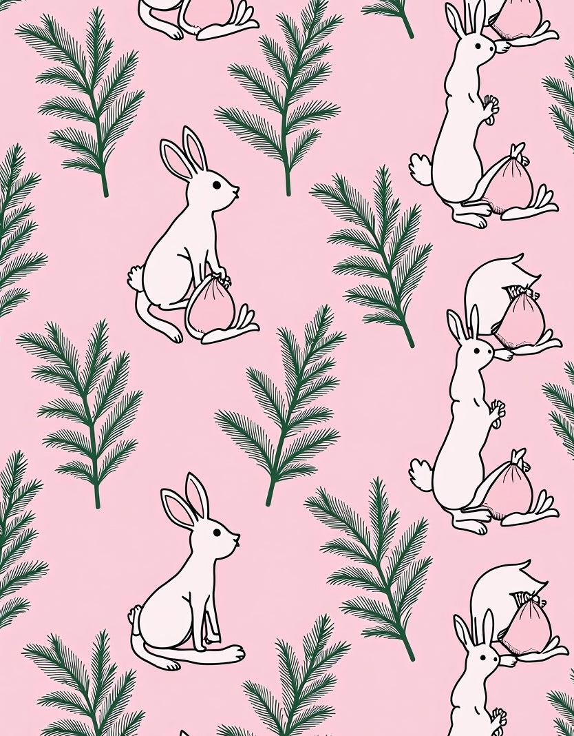 Pink Bunny Green Fir Branches Rug