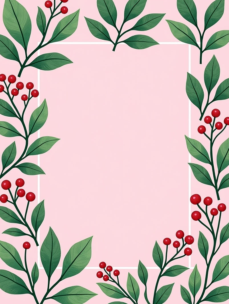 Pink Botanical Red Berry Leaf Border Rug