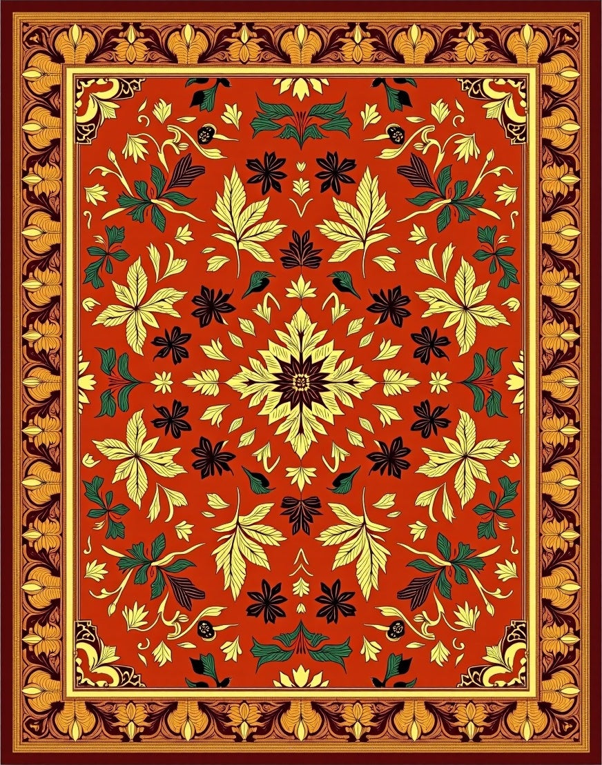 Vibrant Red Floral Leaf Medallion Rug