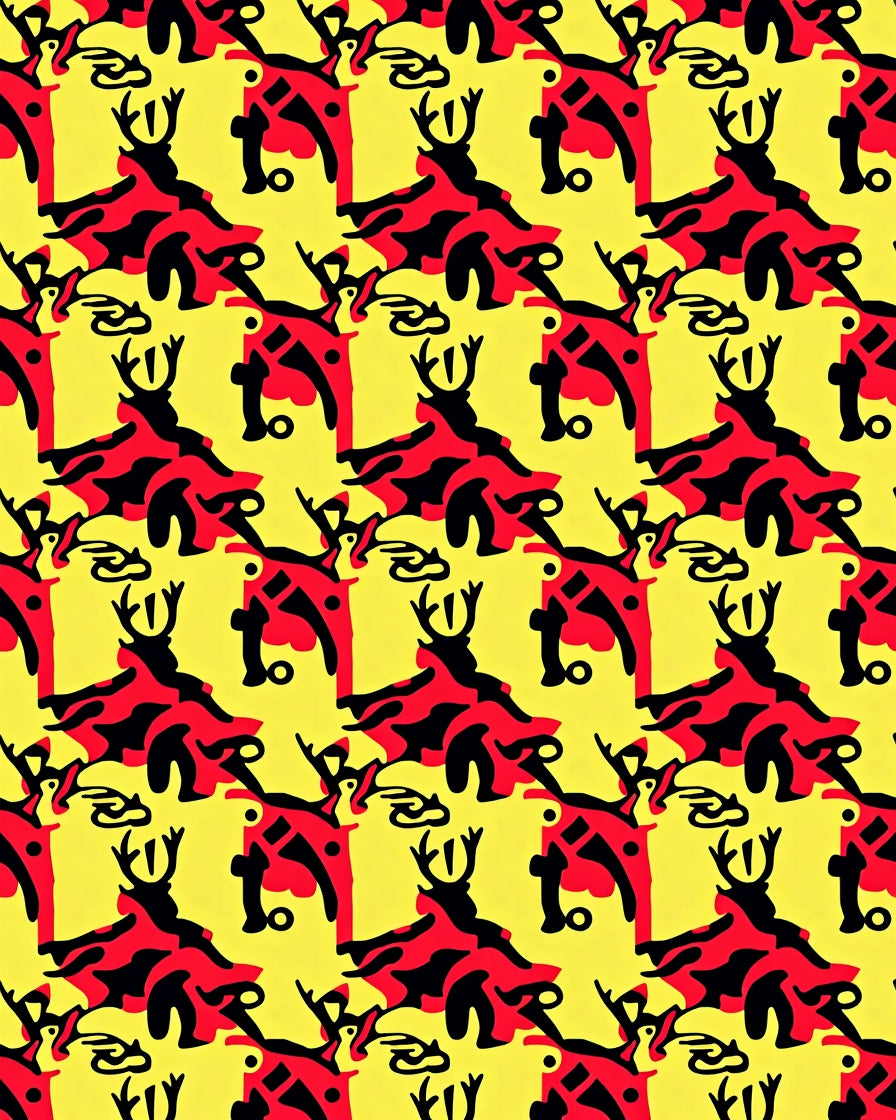 Bold Red Black Deer Motif Yellow Rug