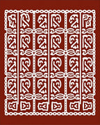 Ornate White Tribal Squares on Rust Rug