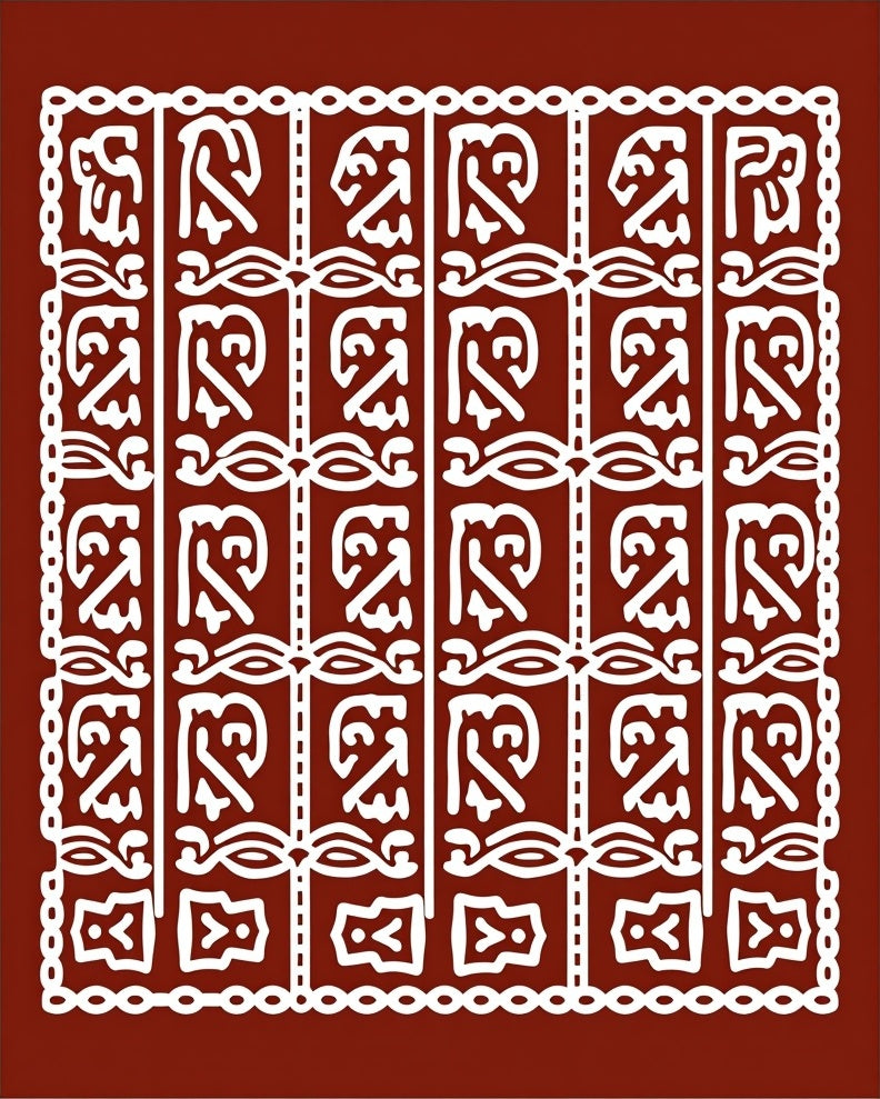 Ornate White Tribal Squares on Rust Rug