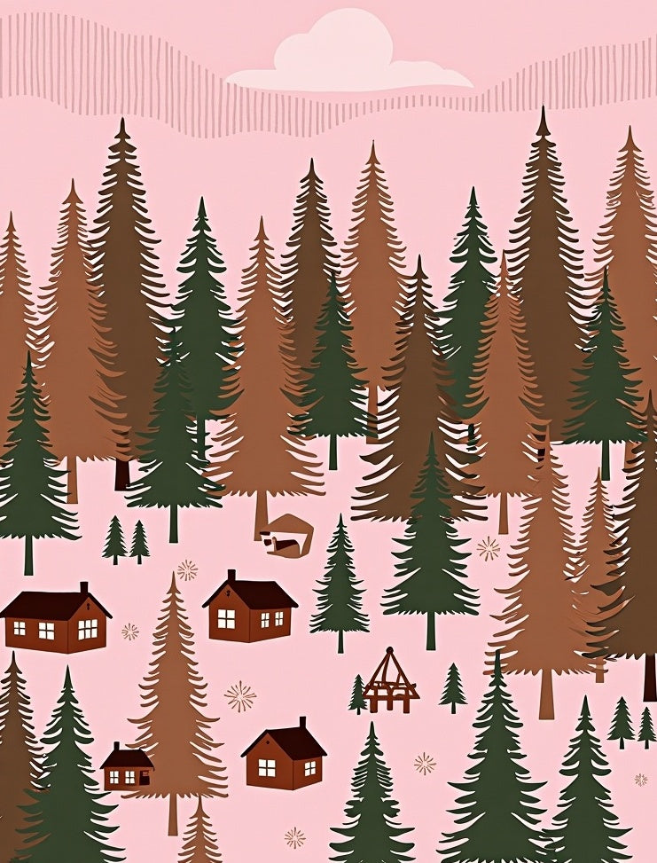 Charming Pink Forest Cabin Landscape Rug