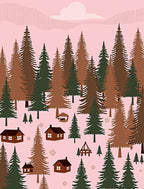 Charming Pink Forest Cabin Landscape Rug