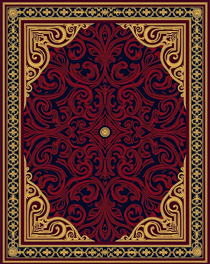 Red and Navy Damask Scroll Medallion Rug
