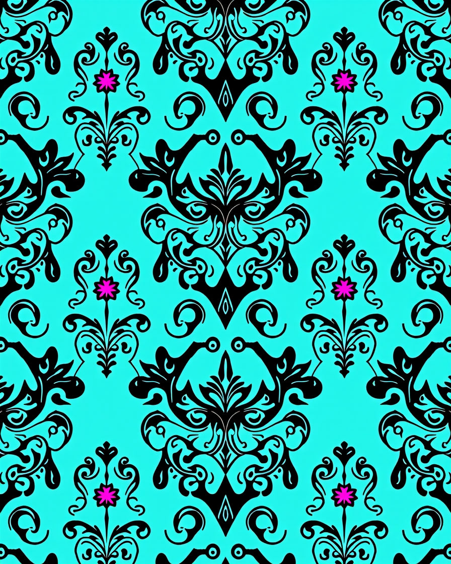 Cyan Black Ornate Floral Scroll Rug