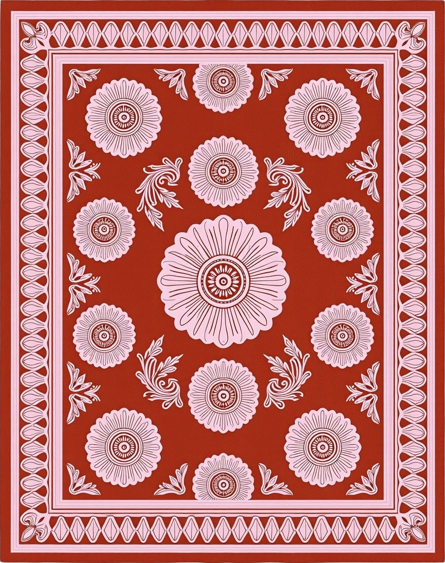 Floral Blossom Bordered Terra Cotta Rug