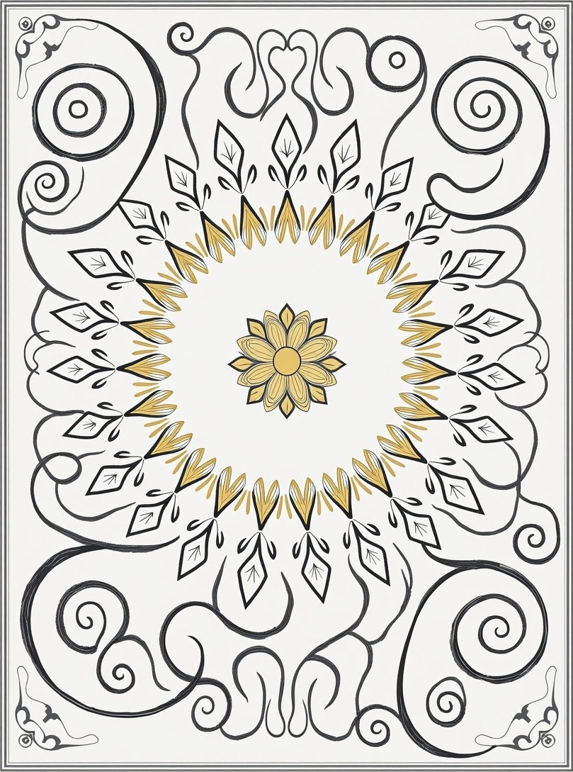 Gold Black Floral Medallion Scroll Rug