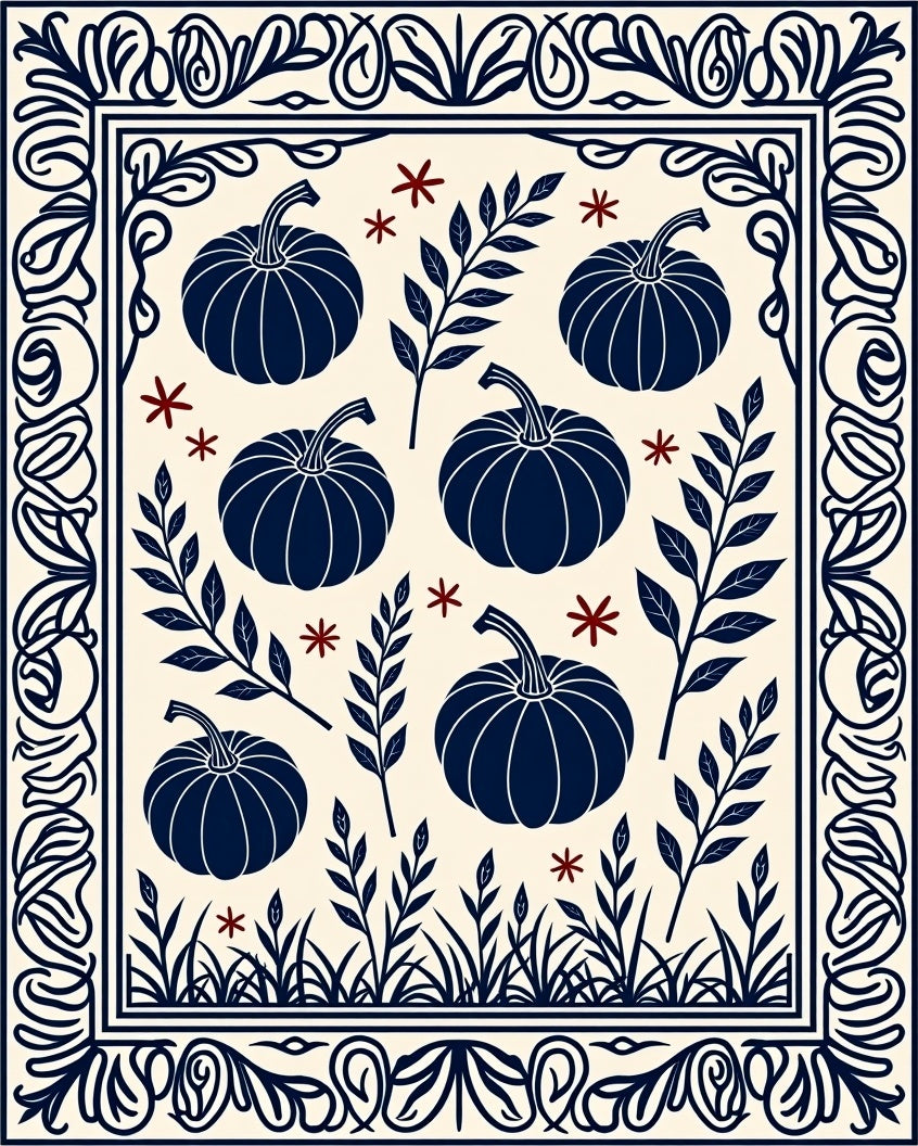 Navy Pumpkin Floral Border Cream Rug
