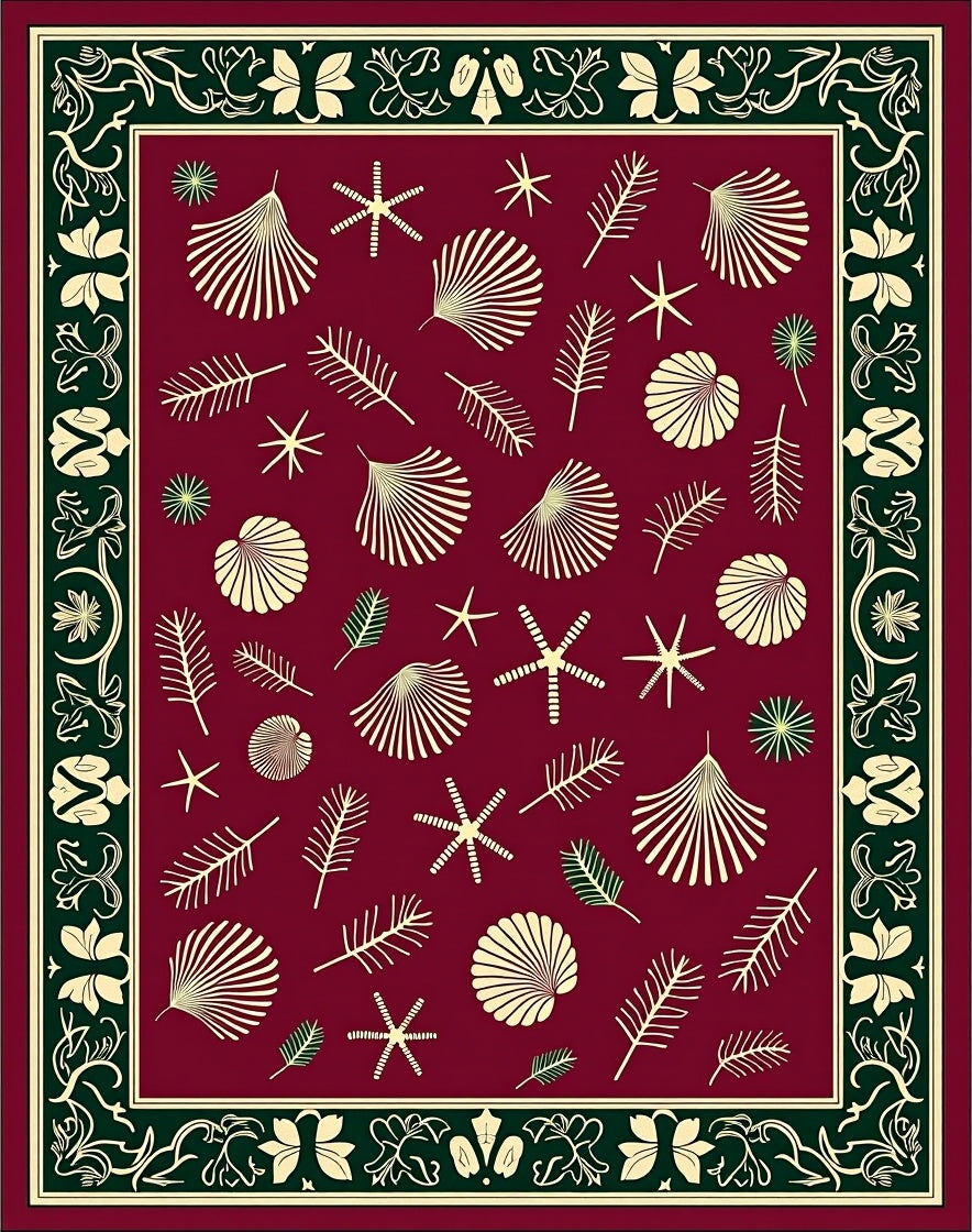 Burgundy Seashell Botanical Border Rug
