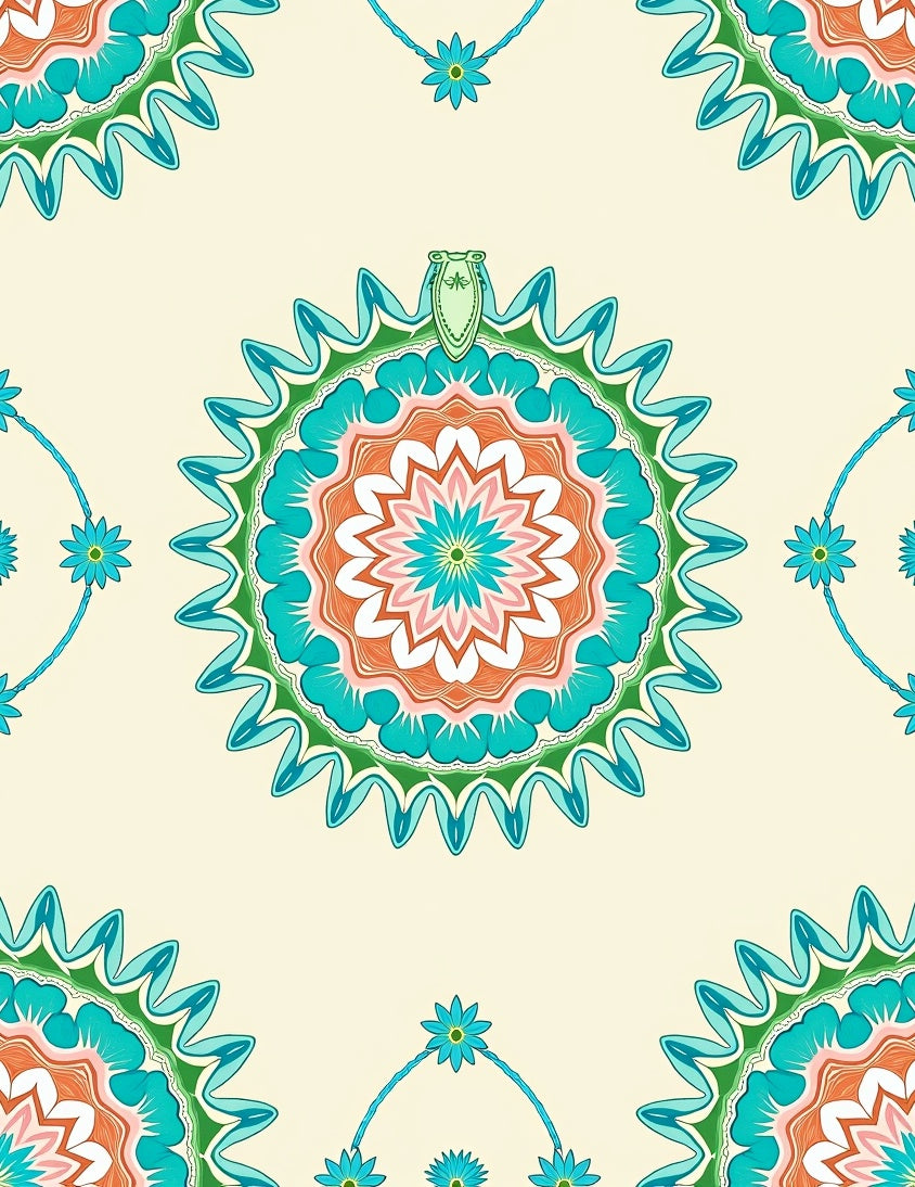 Coral Teal Sunburst Mandala Rug