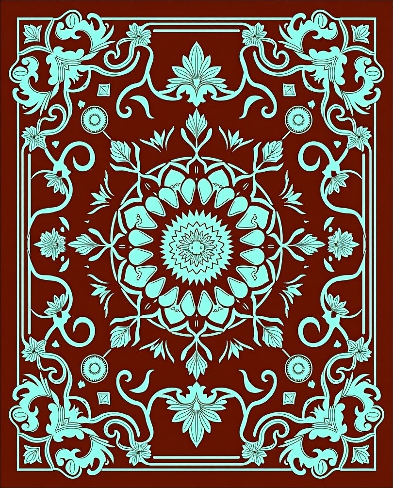 Crimson Aqua Floral Medallion Scroll Rug