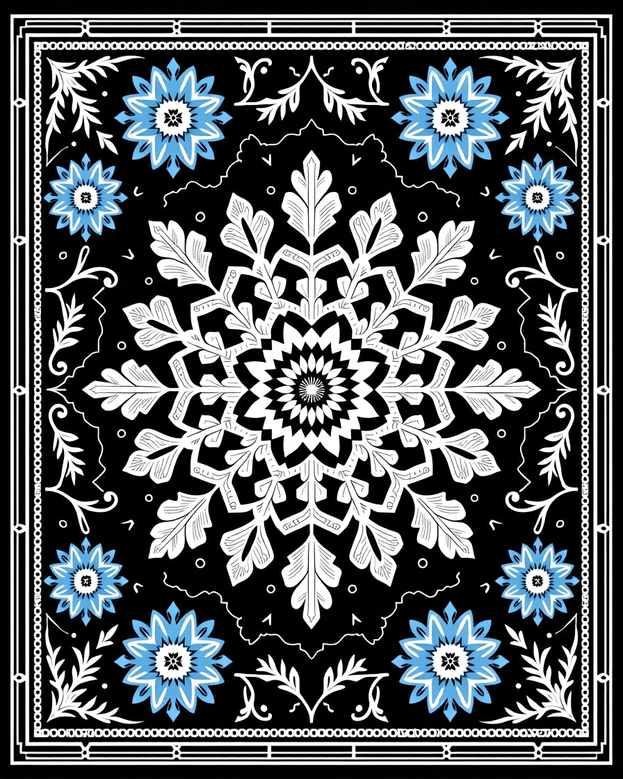 Black White Blue Snowflake Medallion Rug