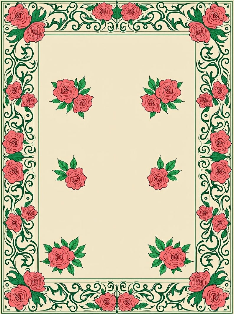 Coral Roses and Vine Border Rug