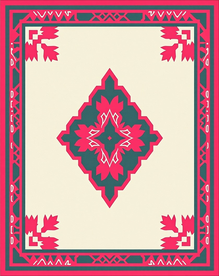 Vivid Teal Pink Geometric Medallion Rug
