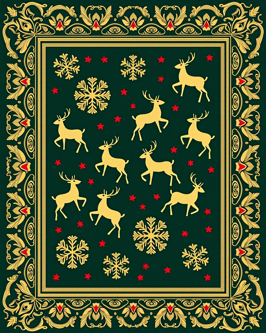 Golden Reindeer and Snowflakes Festive Border Rug