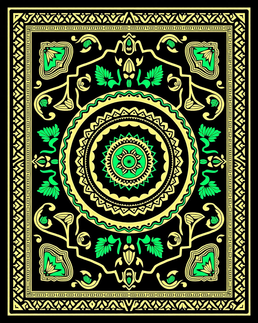 Bold Black Green Medallion Swirl Rug