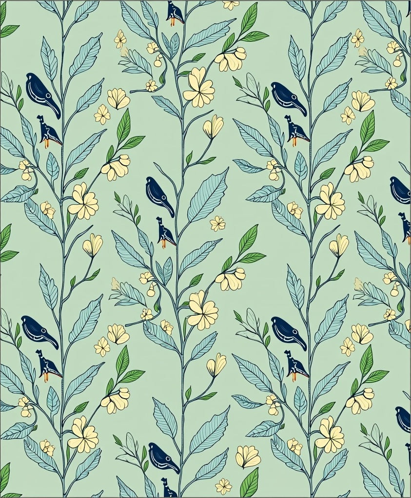 Pale Green Branch Bird Floral Rug