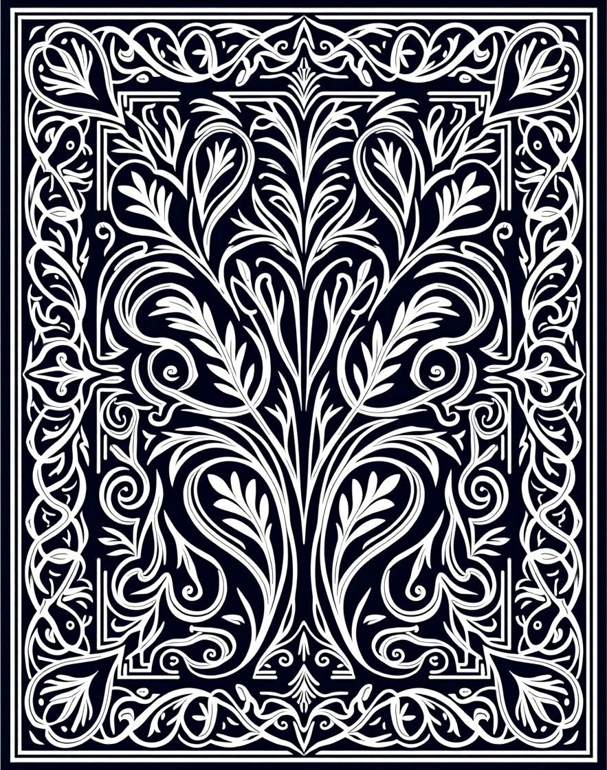 Dark Navy White Baroque Scroll Foliage Rug