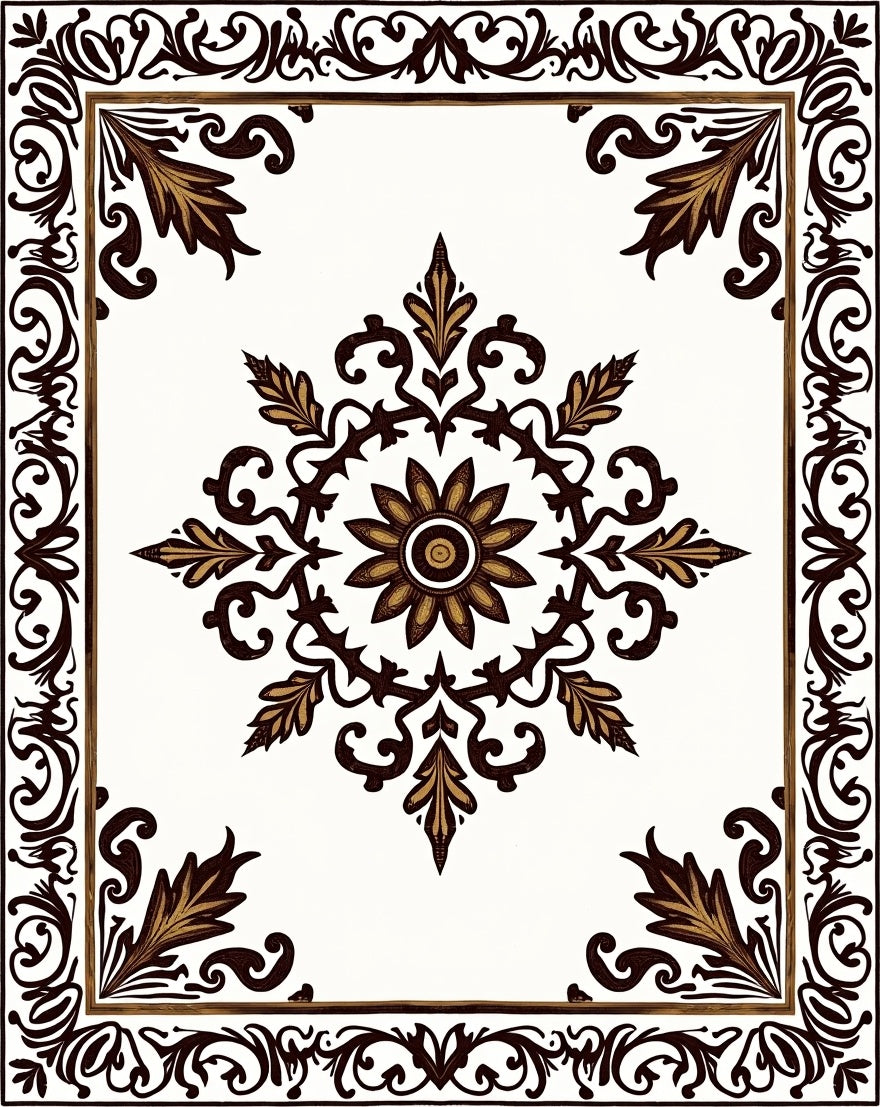 Elegant Brown Gold Floral Medallion Corner Rug