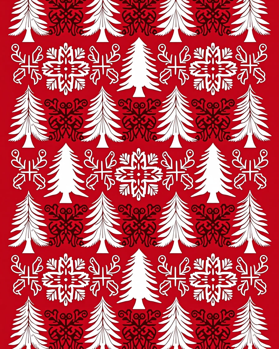 Red White Christmas Trees Snowflakes Intricate Rug