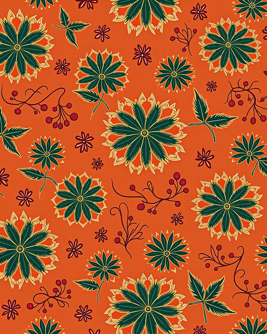 Vibrant Orange Green Floral Medallion Rug