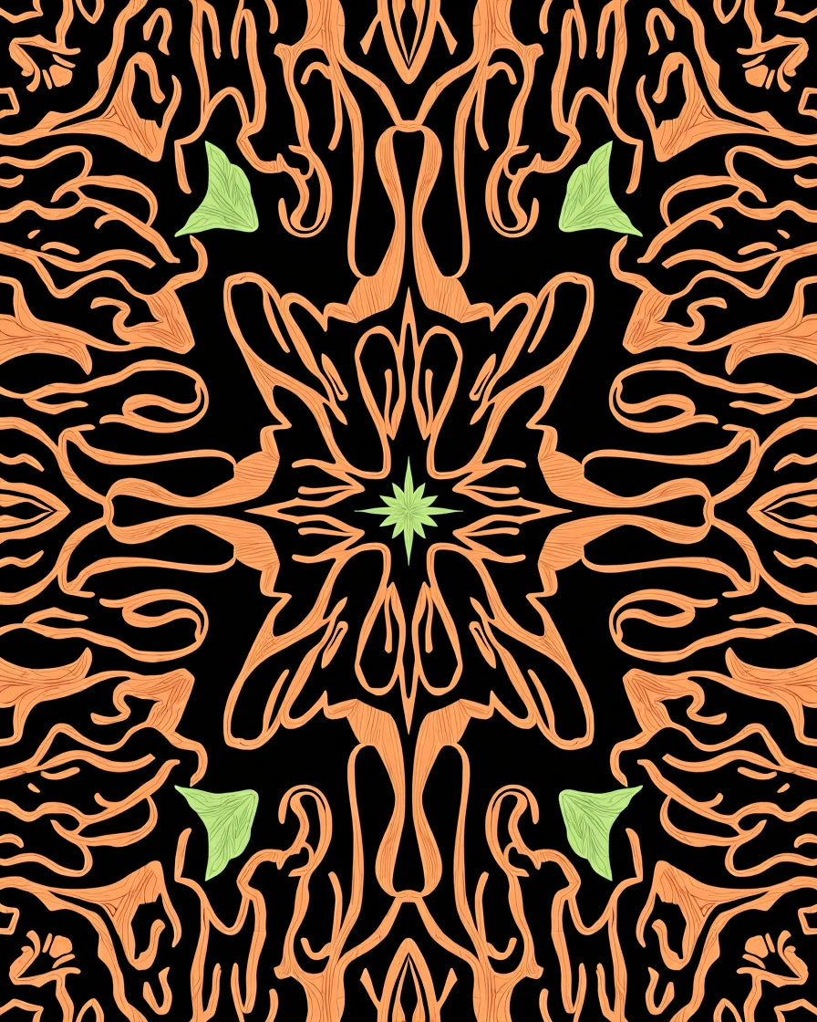 Orange Swirl Starburst Green Leaf Rug