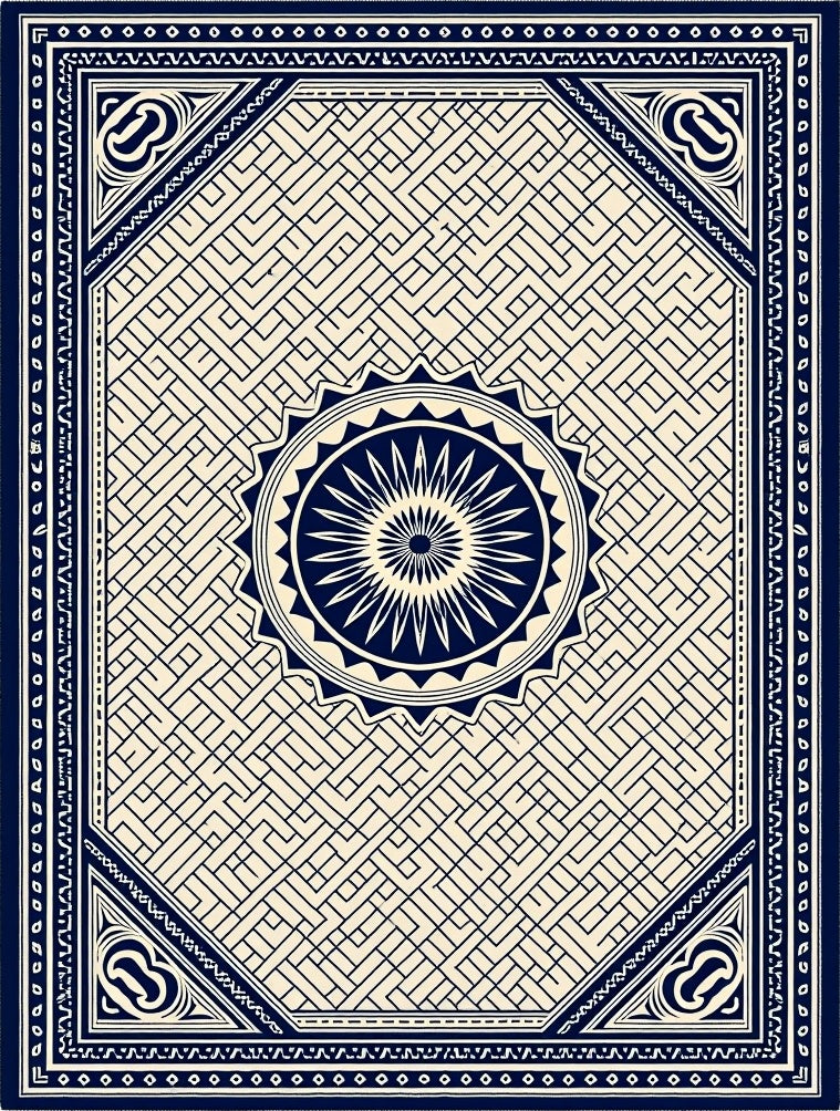 Navy Cream Geometric Maze Medallion Rug