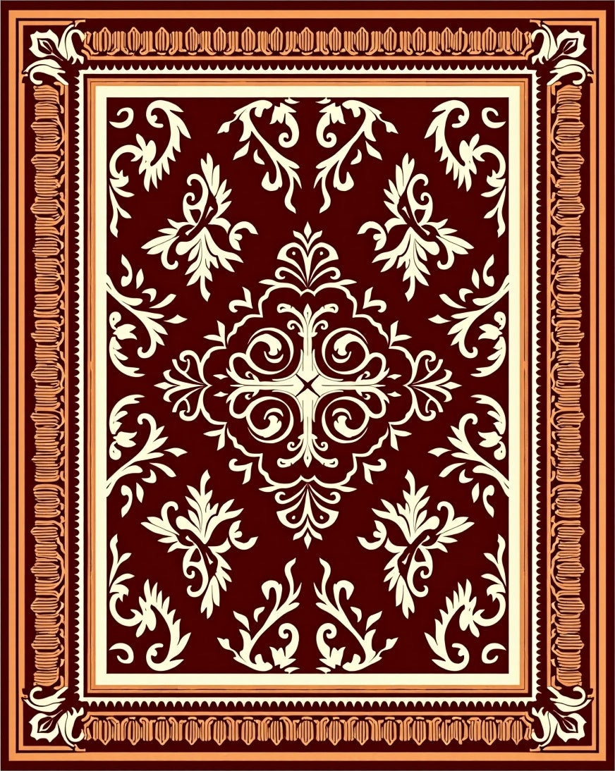 Rich Burgundy Cream Floral Frame Rug