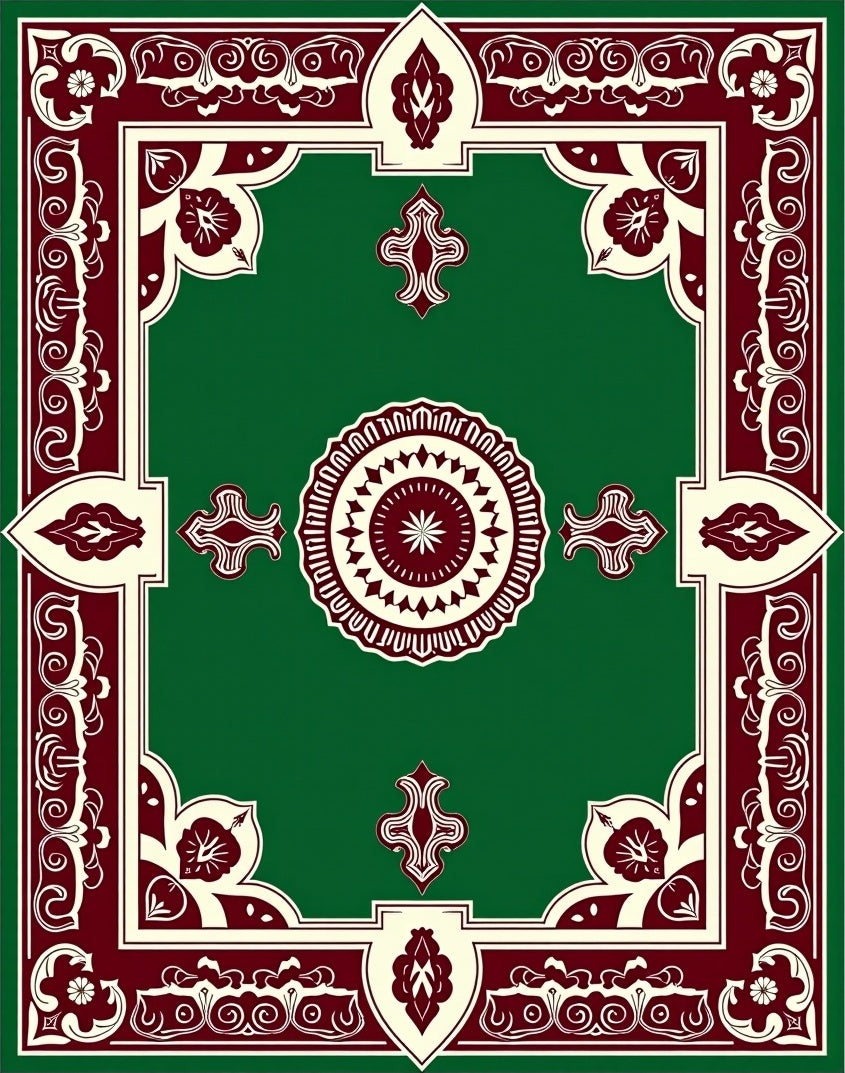 Deep Green Burgundy Floral Medallion Rug
