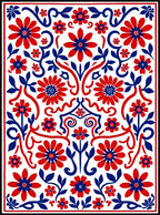 Red and Blue Floral Swirl Repeating Pattern Rug