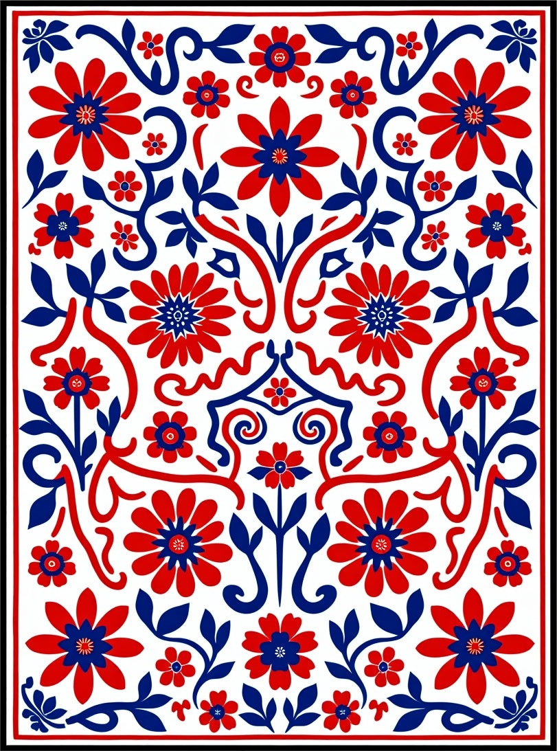 Red and Blue Floral Swirl Repeating Pattern Rug