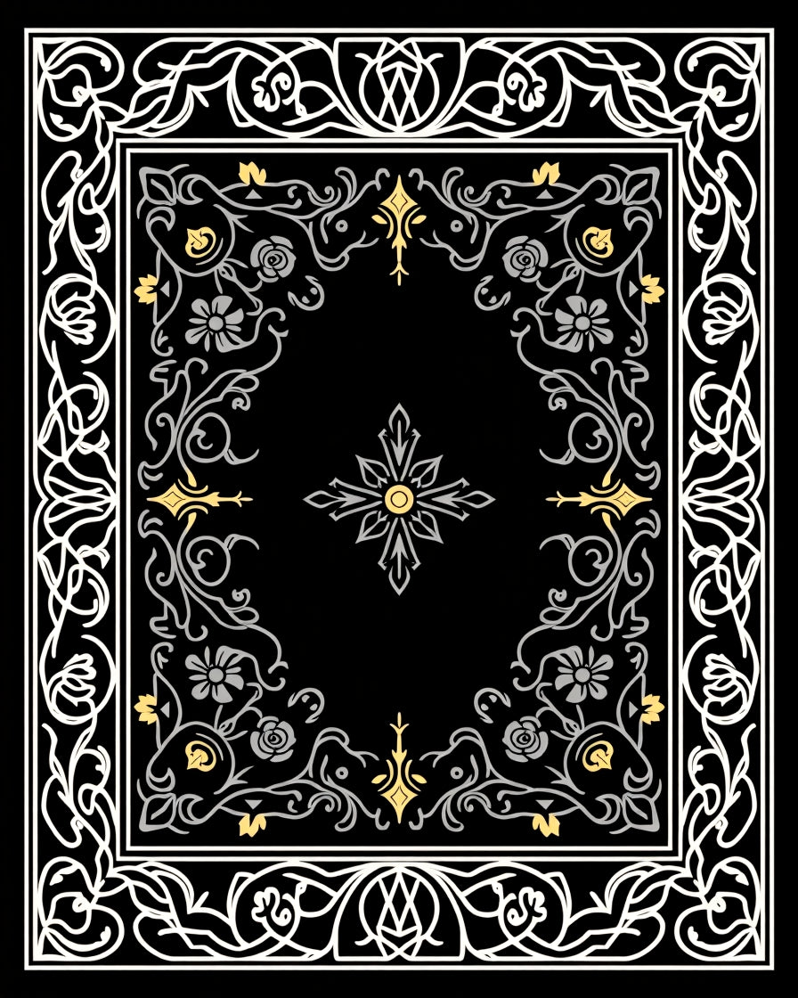Ornate Black Floral Vine Border Rug