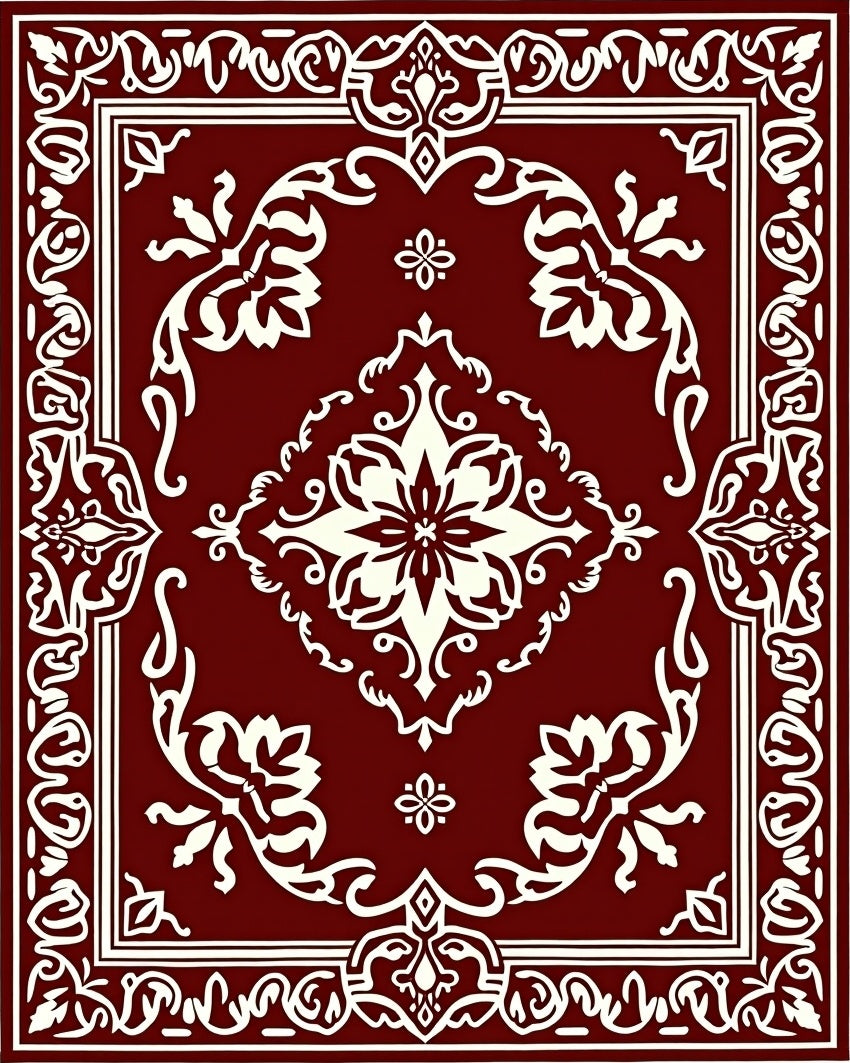Rich Burgundy Ornate Floral Square Rug