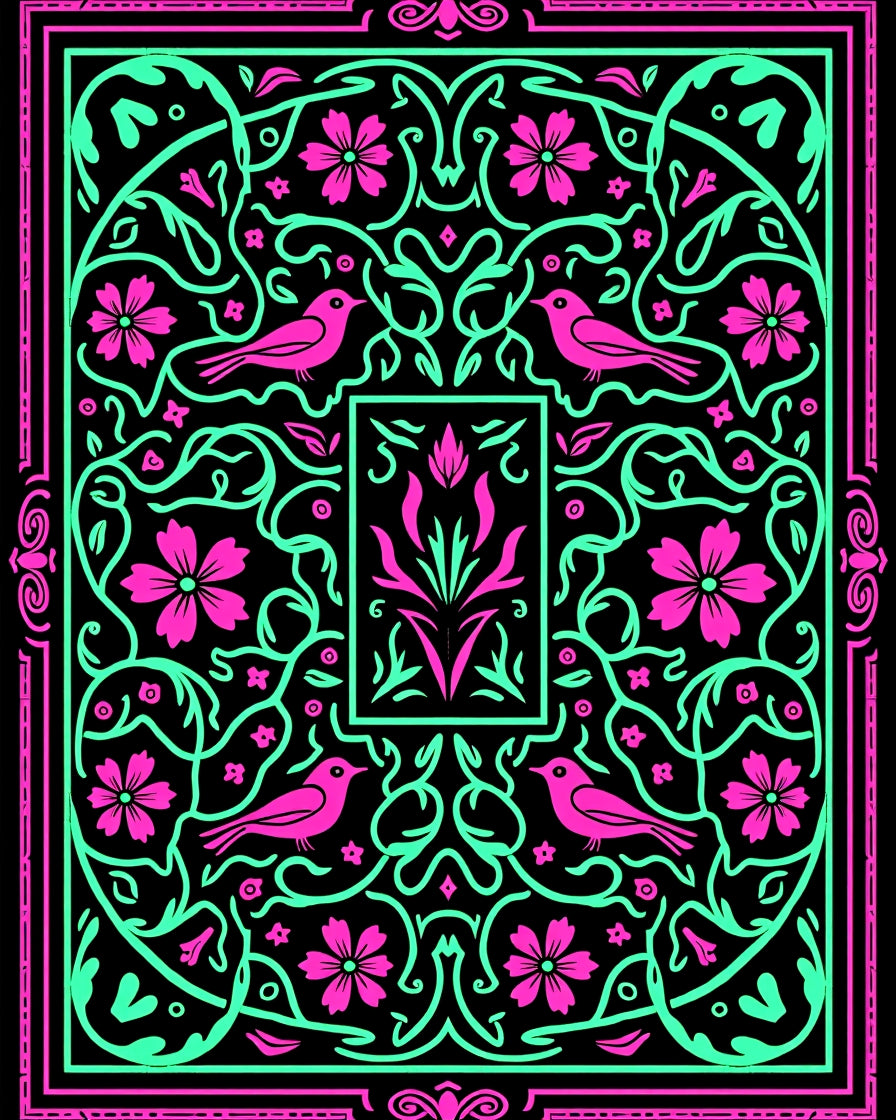 Vibrant Pink Birds Floral Garden Border Rug