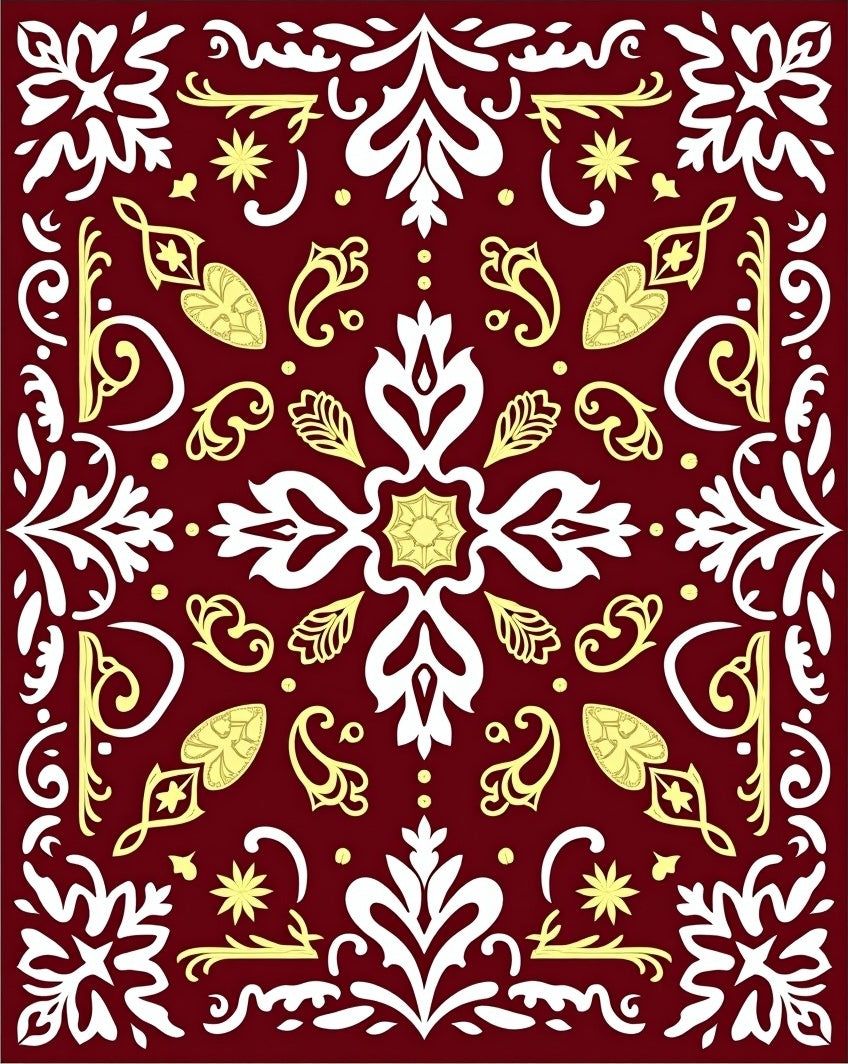 Deep Red Floral Medallion White Yellow Rug
