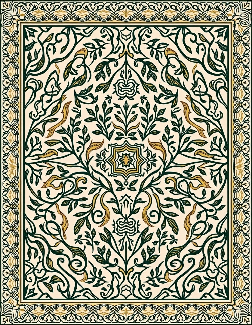 Elegant Cream Green Floral Vine Rug