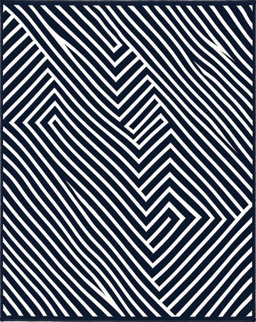 Navy White Geometric Maze Lines Rug