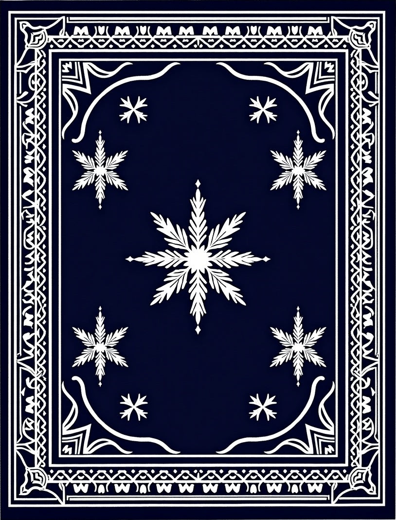White Snowflake Navy Blue Border Rug