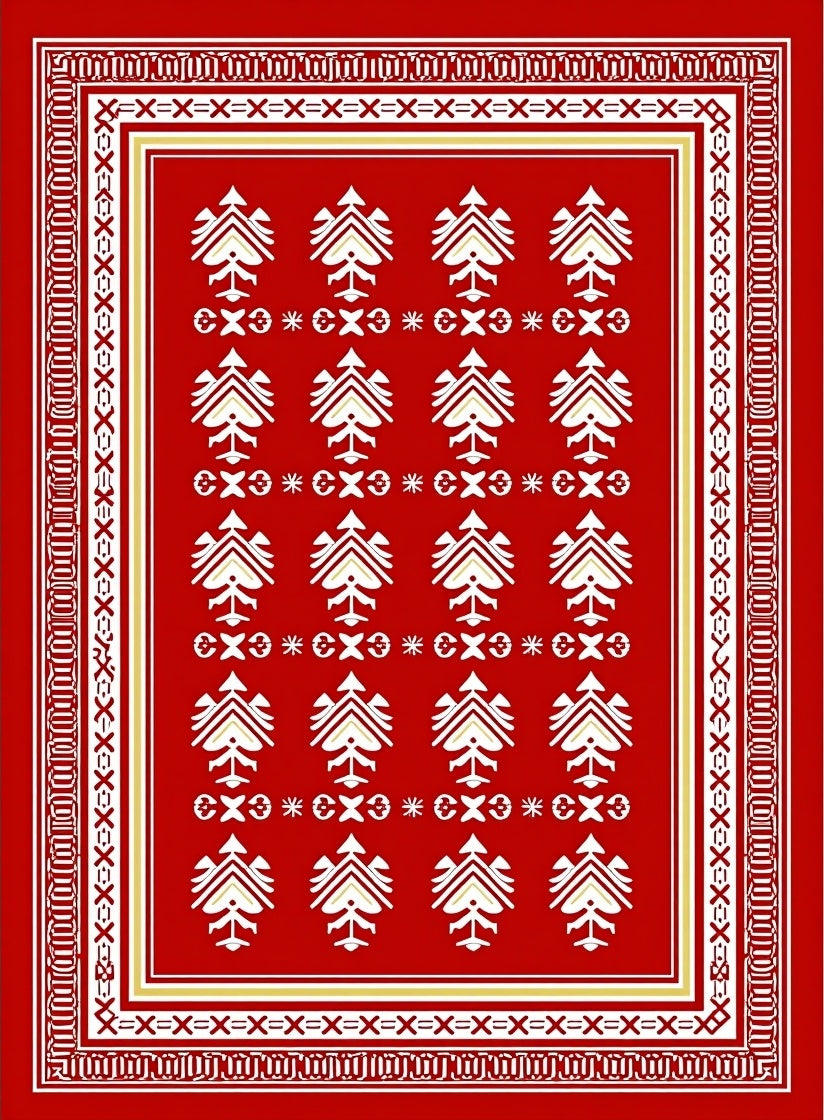 Bold Red Ivory Stylized Feather Rug