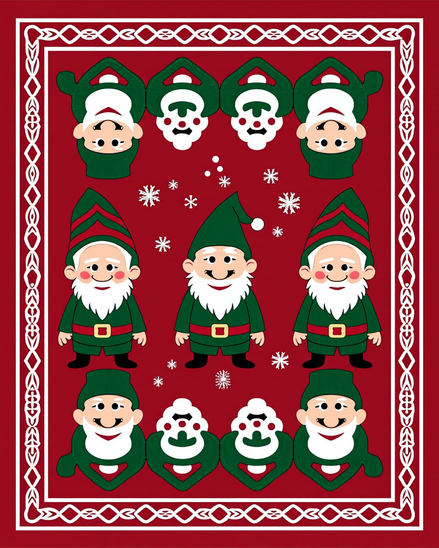 Whimsical Red Green Gnome Snowflake Border Rug